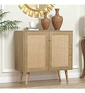 Modern wooden storage cabinet with rattan mesh doors, standing on angled legs. Shown in a minimalist setting with lamp and plant decor.