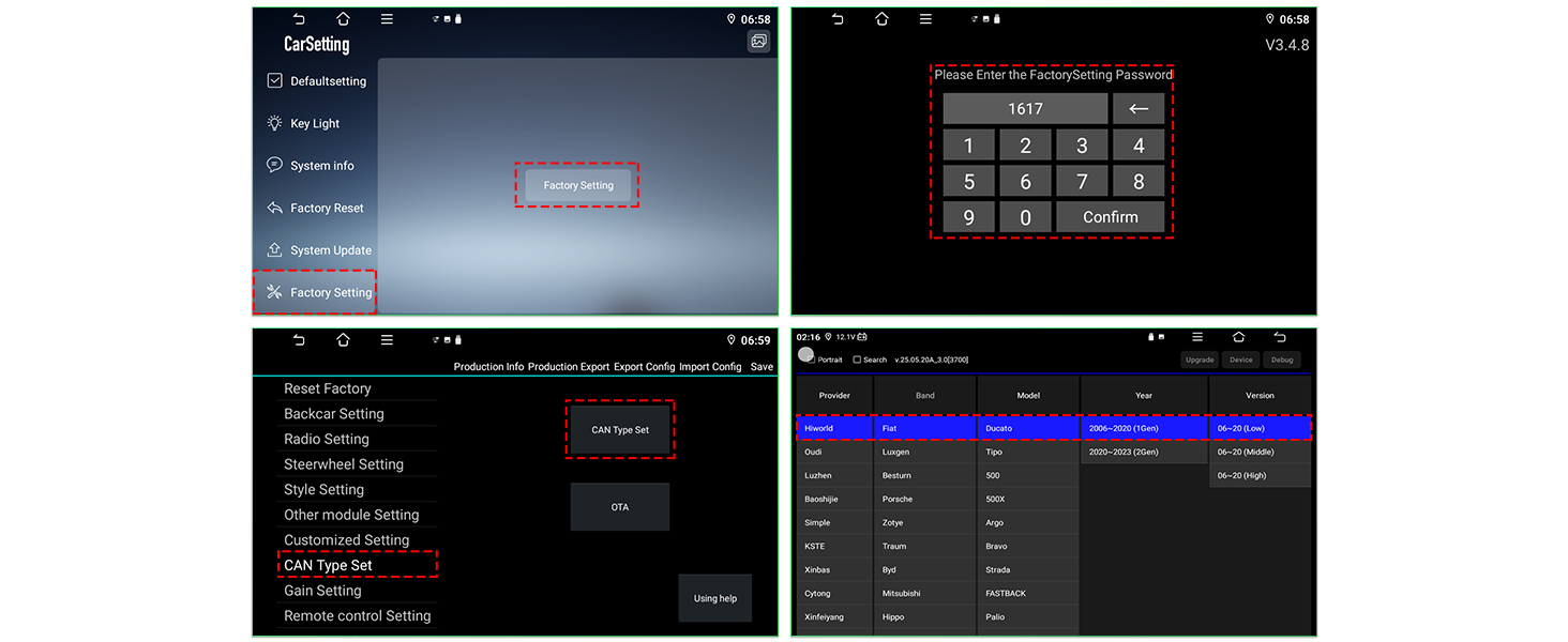 Technical interface showing multiple dark screens with data displays, code snippets, and system monitoring information in a grid layout.