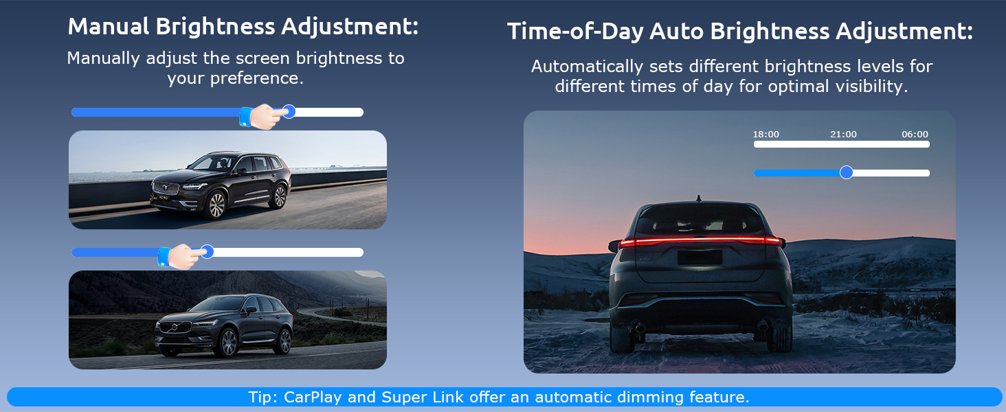 Text reads 'Manual Brightness Adjustment' and 'Time-of-Day Auto Brightness Adjustment'. Interface screens showing car dashboard display settings with adjustment sliders.