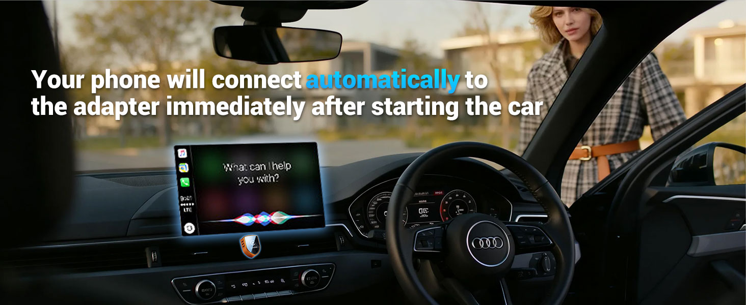 Text reads "Your phone will connect automatically to the adapter immediately after starting the car". Dashboard view showing smartphone screen with car system interface, demonstrating phone connection to vehicle adapter.