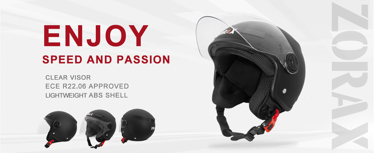 Text reads 'ENJOY SPEED AND PASSION' and 'KIWIZ' with partial text 'CLEAR VISION' and 'OPTIMIZED AIR ROLL'. Black sports helmet shown in three angles on right side.