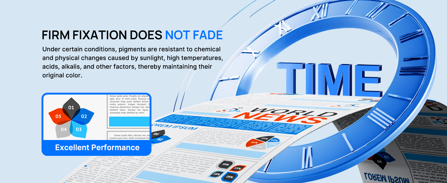 Text reads 'FIRM FIXATION DOES NOT FADE'. Blue clock graphic with star logo and product demonstration image.