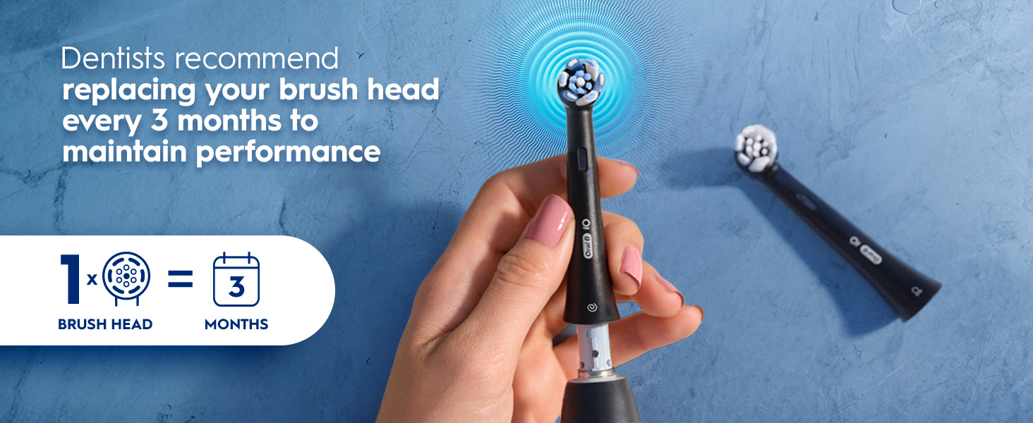 Text reads 'Dentists recommend replacing your brush head every 3 months to maintain performance'. Blue-tinted image showing electric toothbrush head with usage indicators.