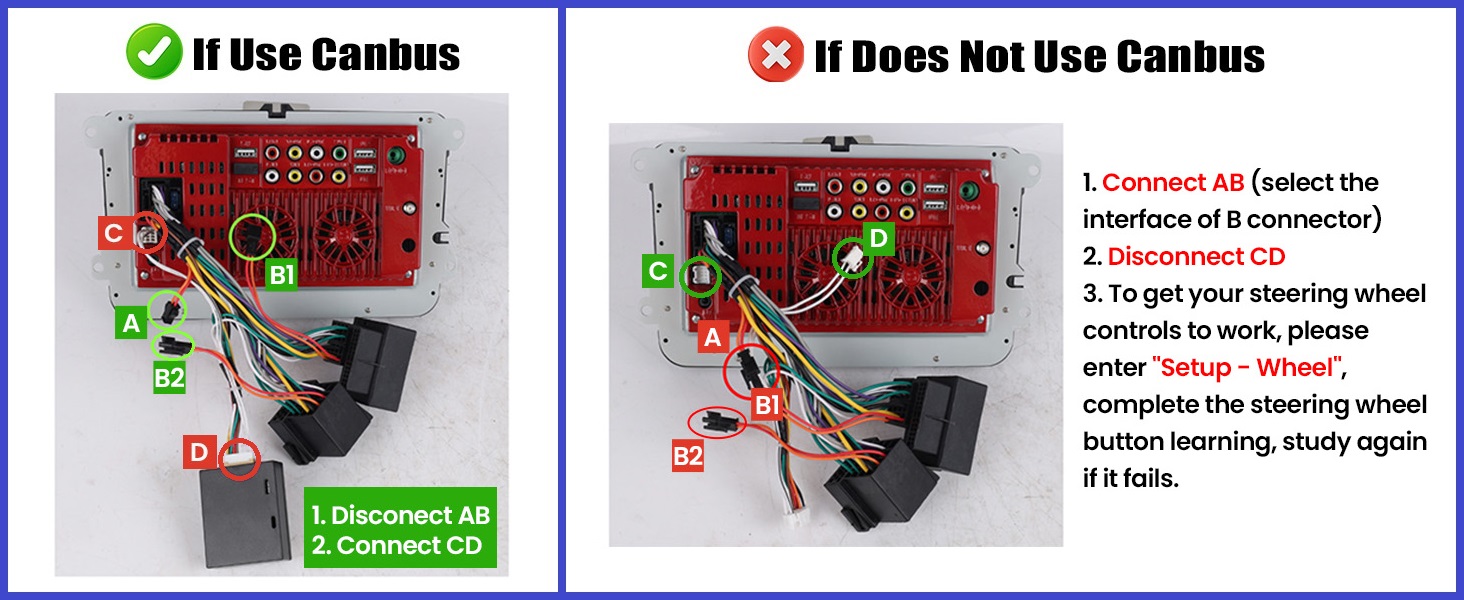 Text reads 'If Use Canibus' and 'If Does Not Use Canibus' with numbered instructions and warnings. Split-screen comparison showing circuit board assembly with red component and X mark, demonstrating correct and incorrect usage.