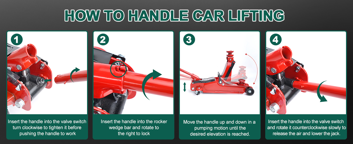 Text reads 'HOW TO HANDLE CAR LIFTING'. Instructional diagram showing 4-step process for proper car jack positioning and lifting procedure with red hydraulic jack.