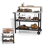 Mobile kitchen cart with three shelves, featuring a grill plate, wooden top shelf, and wheels. Displays various food items, condiments, and cooking utensils across multiple levels.