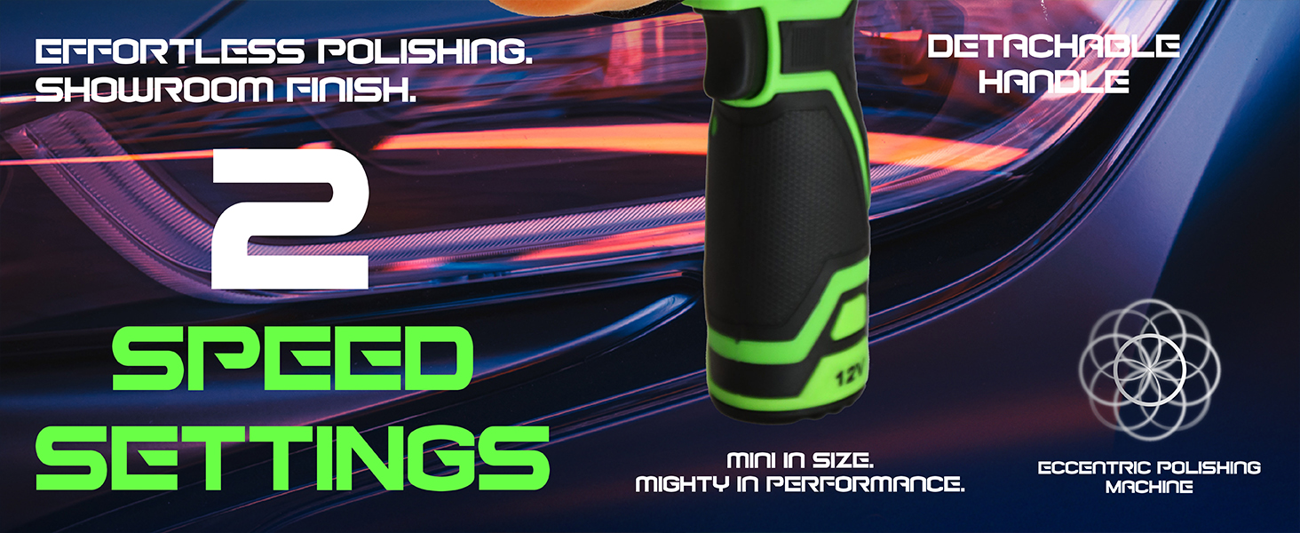 Composite image featuring a bright green sports car, an electric drill with carrying case, an orange polishing pad, and a handheld polishing tool with 'ergonomic design' text visible.