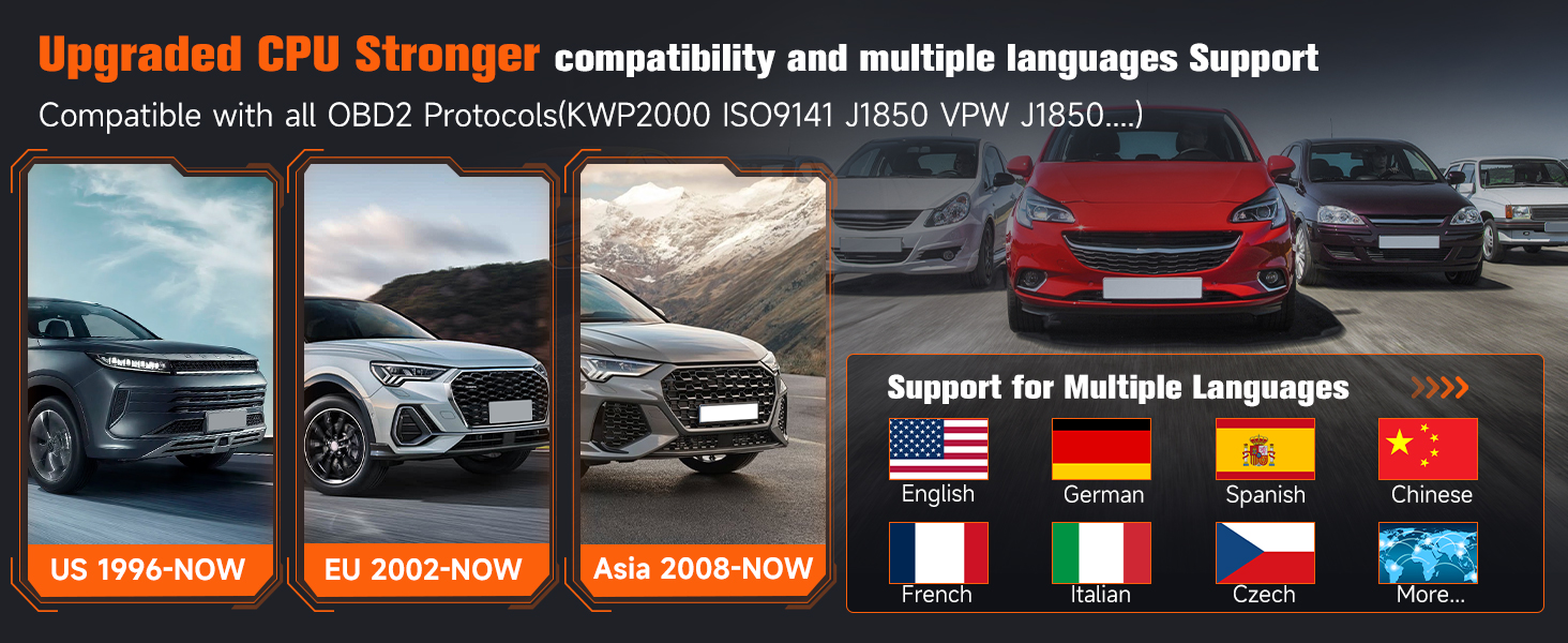 Text reads 'Upgraded GPU Stronger compatibility and multiple languages Support'. Software interface showing multiple country flags including USA, Spain, Italy, and language options.