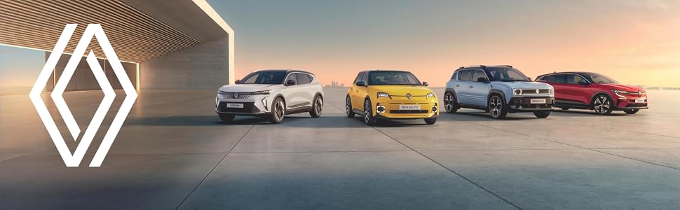 Text shows Renault logo. Line of modern Renault vehicles arranged in sunset lighting against industrial background.