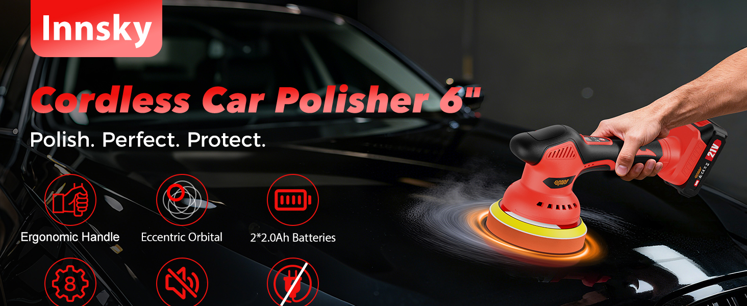 Text reads 'Innsky Cordless Car Polisher'. Product demonstration images showing cordless polishing tool being used on vehicle surface.