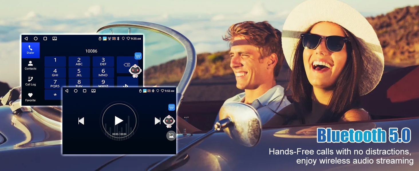 a man driving a car with a screen displaying a video player and a car with a blue sky in the background