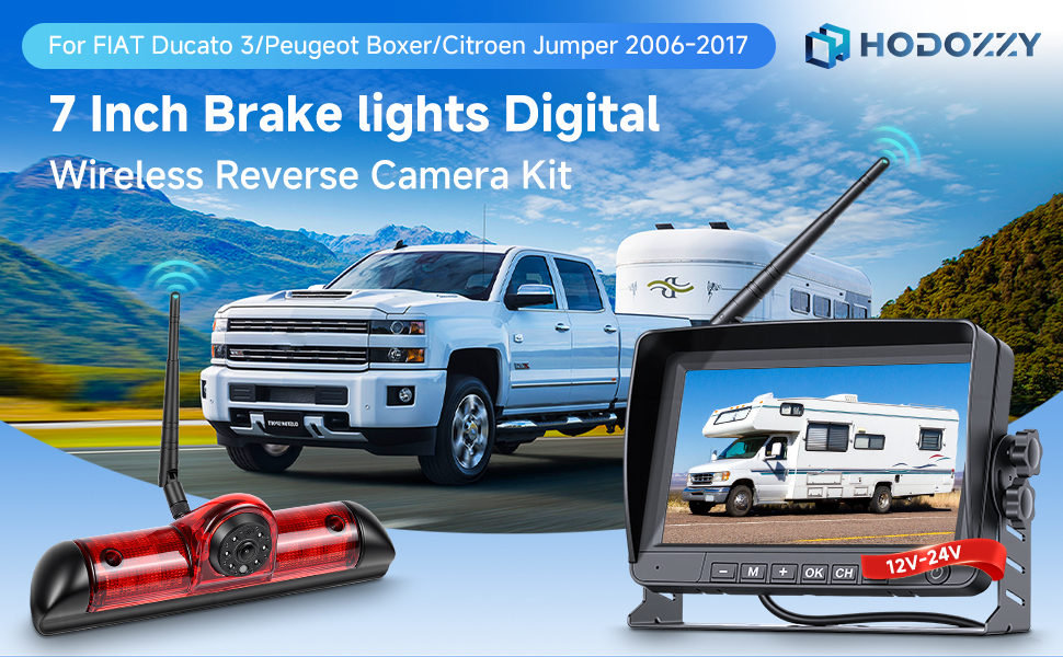 Text reads: '7 Inch Brake lights Digital' and 'Wireless Reverse Camera Kit'. Image shows automotive accessories including backup cameras and brake lights.