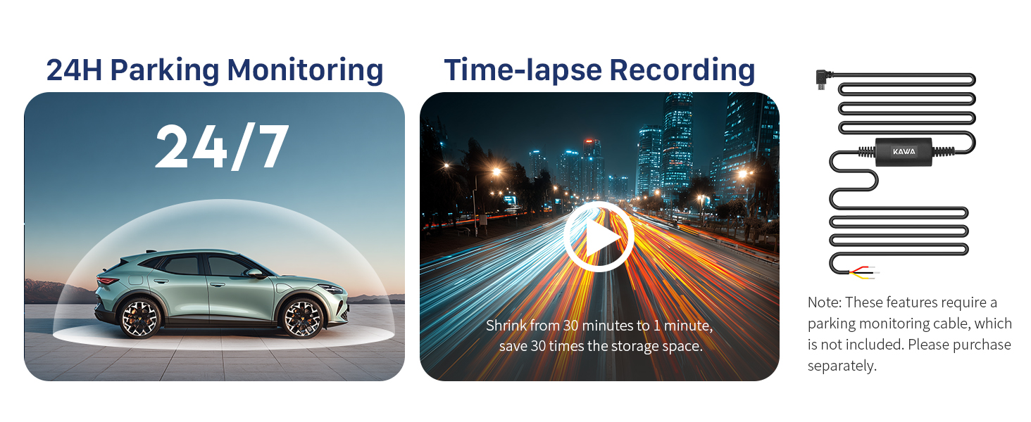 Text reads: '24/7 Parking Monitoring', 'Time-lapse Recording'. Split image showing parked car and nighttime road with motion trails, demonstrating surveillance features.