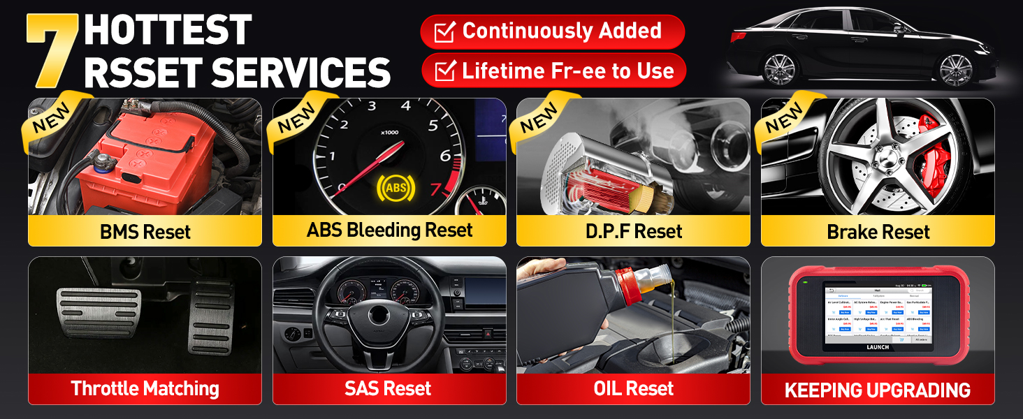Automotive diagnostic service advertisement showing 7 reset services including BMS, ABS, DPF, and brake resets with interface screenshots.