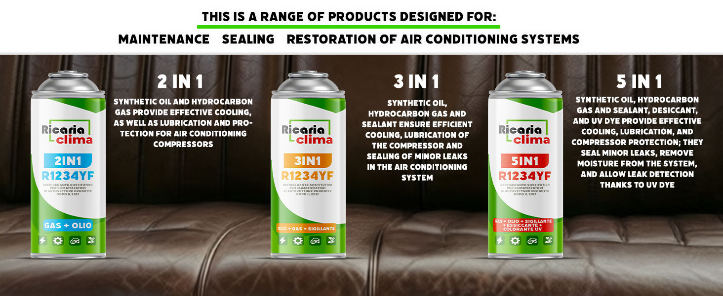 Text reads 'FORMULA - FEWER PRODUCTS, MORE RESULTS' 'Developed in the USA' 'THE CHOICE OF REFRIGERANT' 'DELIVERS ON THE FIRST YEAR' 'UP TO 25%' 'R134A' 'R1234YF'. Man in plaid shirt with automotive refrigerant product displayed.