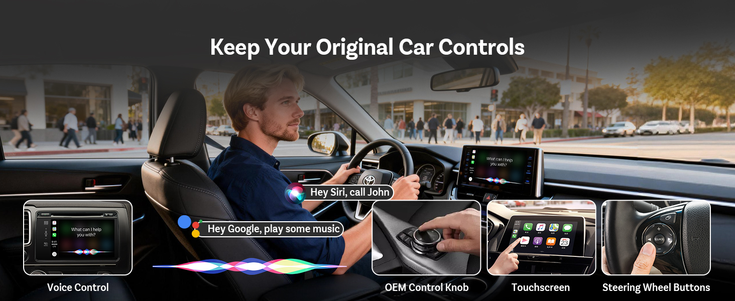 Text reads 'Keep Your Original Car Controls'. Interior car dashboard showing multiple displays including Voice Control, JDM Position Hook, TouchScreen, and Steering Wheel Buttons integration.