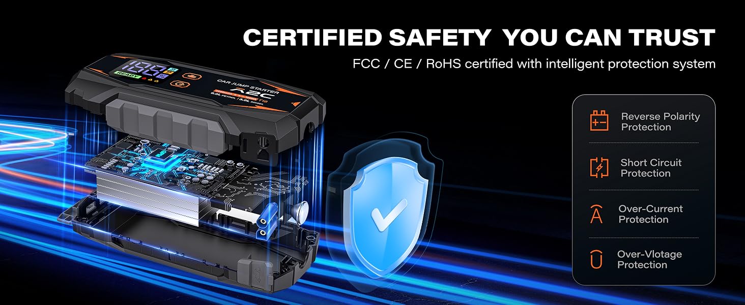 Text reads 'CERTIFIED SAFETY YOU CAN TRUST'. Tech security illustration with blue shield icon and circuit board graphics, showing security certification indicators.