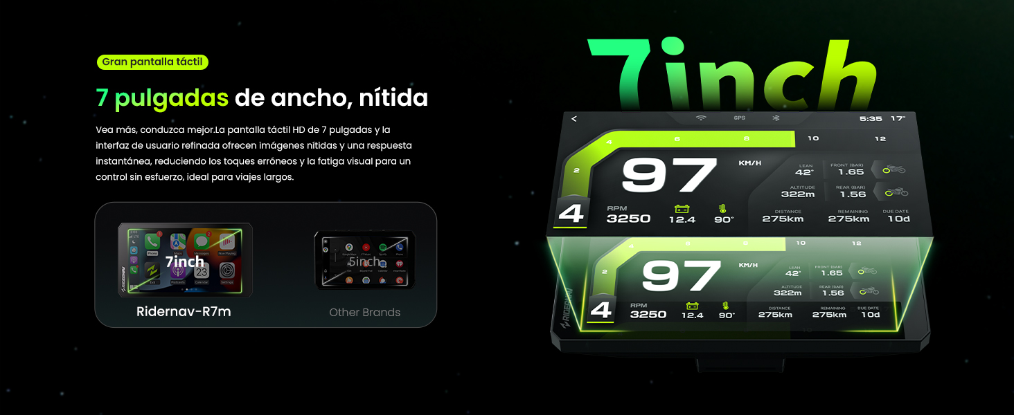 Text reads '7inch' and '97'. Digital display interface showing numerical readings and indicators on black and green color scheme.