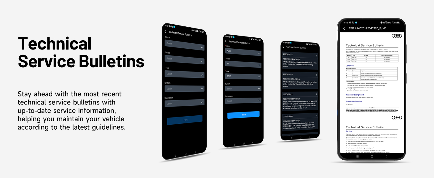 Smartphones displaying technical service bulletins interface. Text visible: 'Technical Service Bulletins' and 'Stay ahead with the most recent service information'.