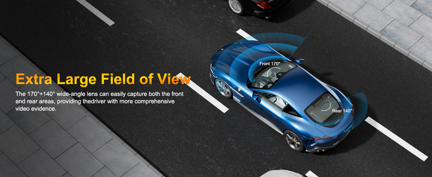 Text reads 'Extra Large Field of View'. Technical diagram showing blue vehicle with field of view indicators and measurement specifications.