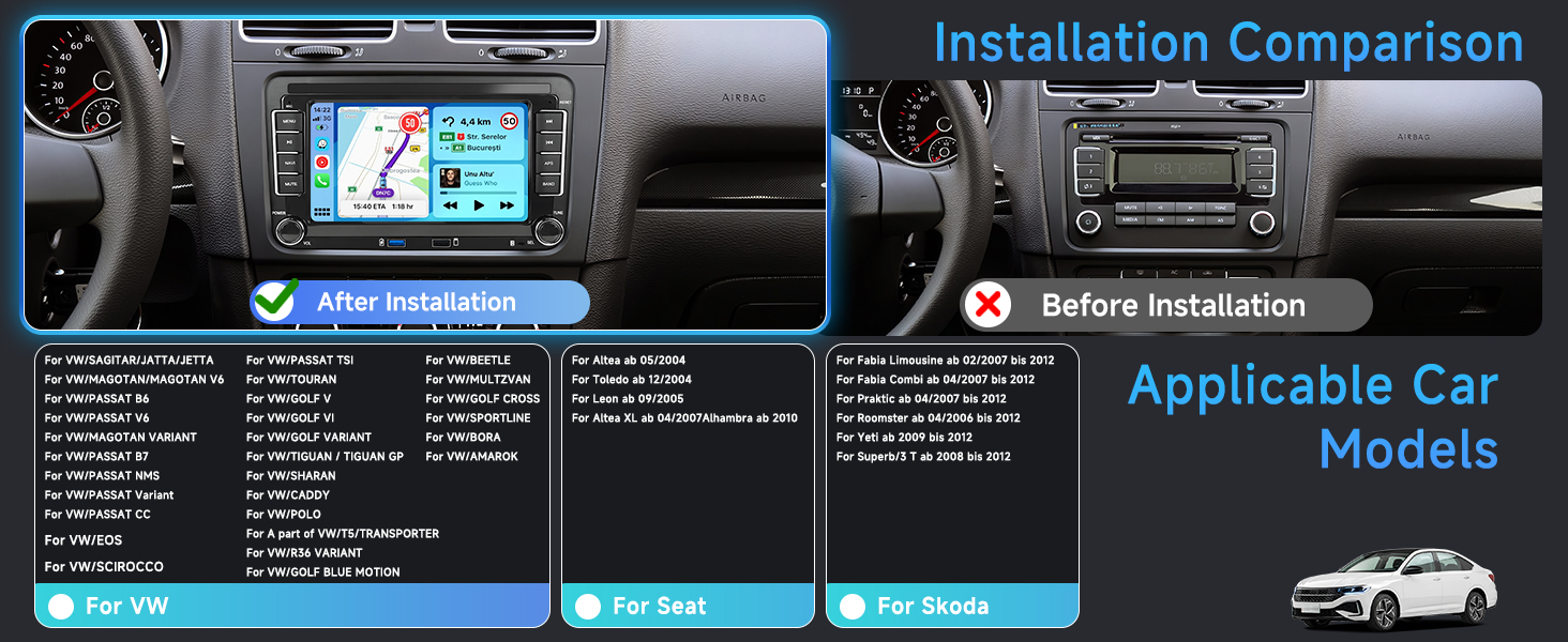 Text reads 'Installation Comparison' and 'Applicable Car Models'. Automotive installation guide showing before/after comparisons and vehicle compatibility chart with blue accent graphics.