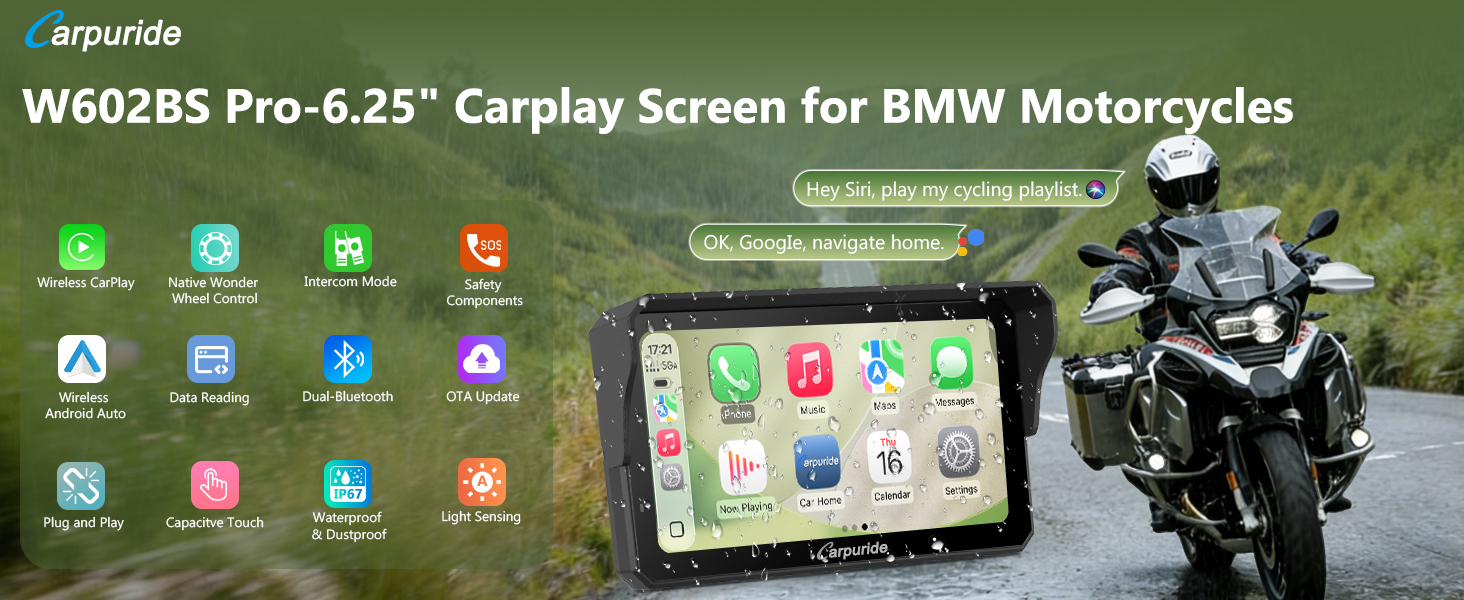 Text reads 'WG02RS Pro-6.25" Carplay Screen for BMW Motorcycles'. Marketing image showing motorcycle GPS device interface with app icons and a BMW motorcycle in background.
