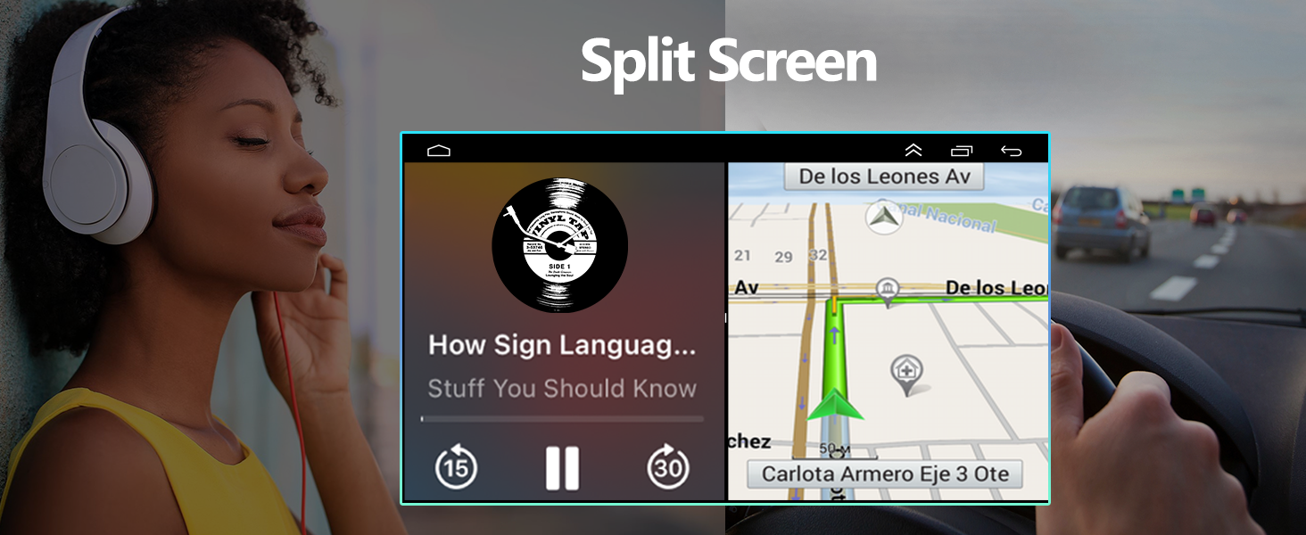 Split screen interface showing audio player with pause controls on left and navigation map with green route guidance on right, with white wireless headphones visible.