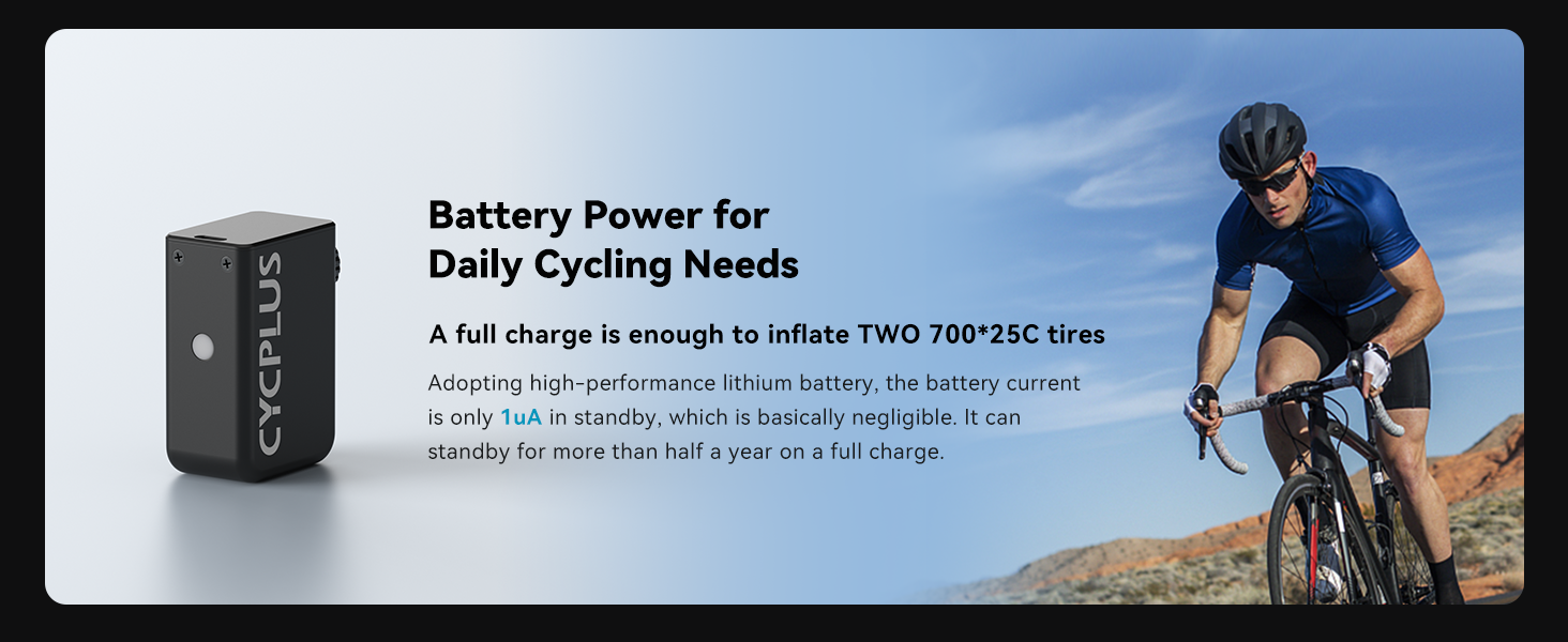 Product advertisement for a cycling battery pack, showing a cyclist riding and text describing battery power for daily cycling needs.