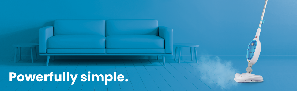 a blue sofa and a small stool on a white floor.