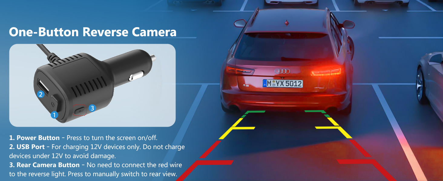Automotive backup camera system displayed in multiple panels showing installation and usage. Features power button, USB port, and reverse camera functionality with parking guide lines on screen.