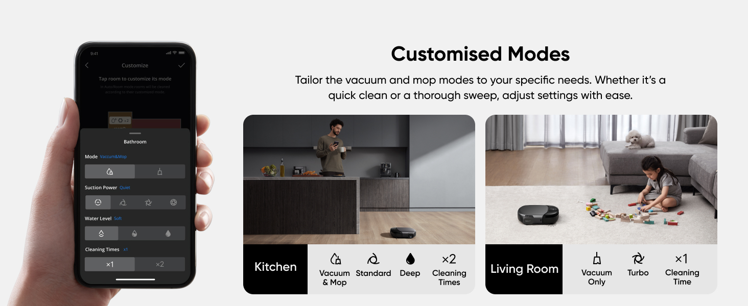 Smartphone app interface showing customizable modes with three scene previews for kitchen and living room lighting control.