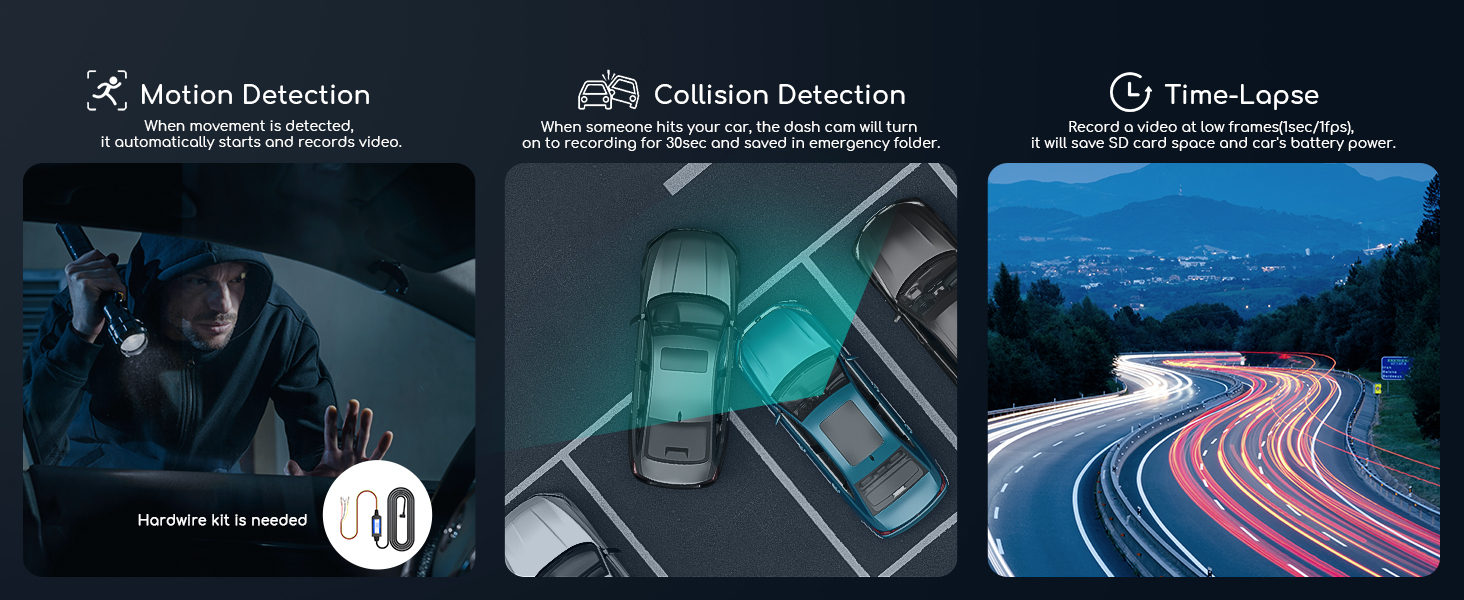 Three automotive safety feature icons showing system activation, camera detection, and linear system indicating advanced driver assistance technology with glowing blue interface elements.