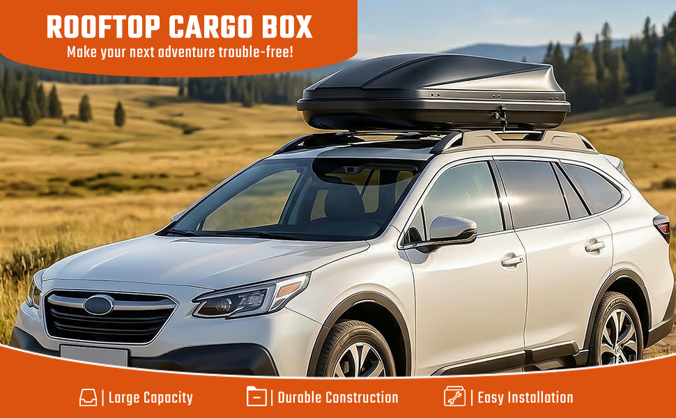 Text reads 'ROOFTOP CARGO BOX'. Multiple views of car roof storage box mounted on SUVs and vehicles against outdoor backgrounds showing large cargo capacity and aerodynamic design.