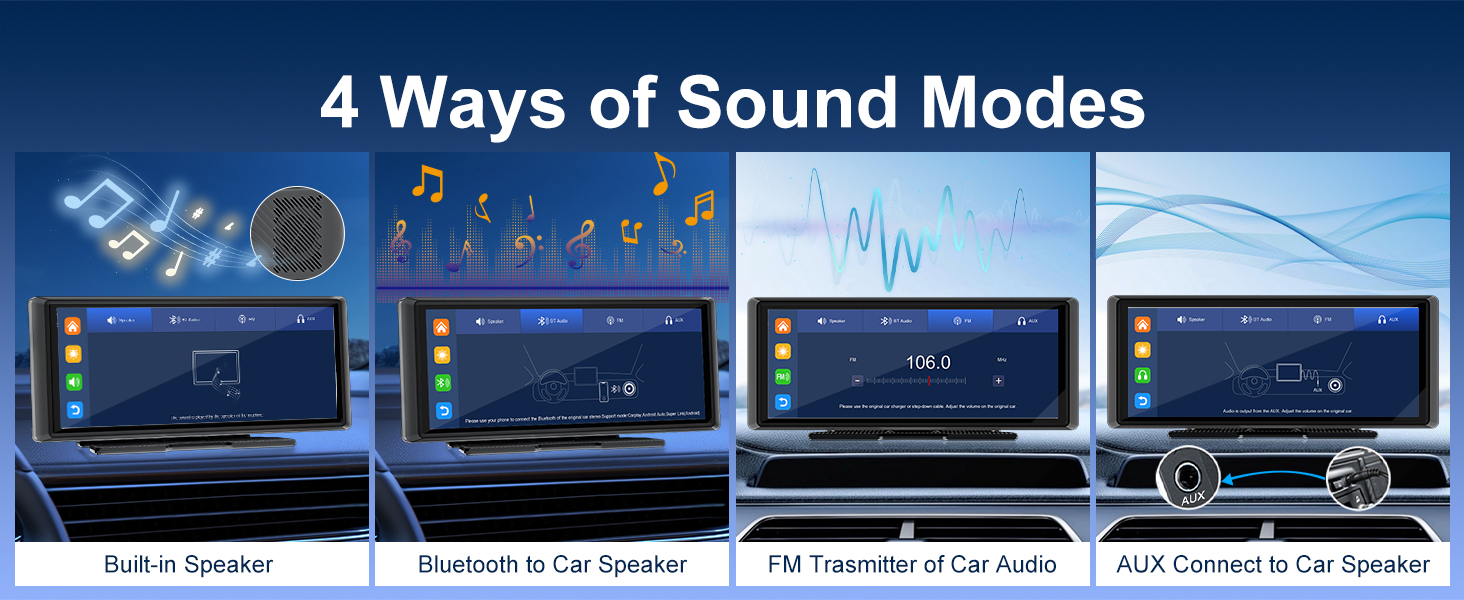 Text reads '4 Ways of Sound Modes'. Four blue interface panels showing different audio modes with music note and waveform icons, displaying various speaker configurations.
