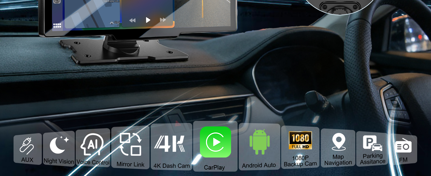 Car dashboard display interface showing various icons and controls including 4K resolution symbol and navigation indicators.