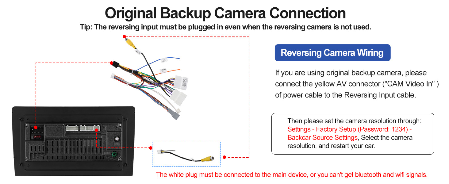 Text reads 'Original Backup Camera Connection'. Technical diagram showing wiring setup for backup camera installation with connection points and cables illustrated.