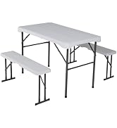Folding party table with built-in coolers. White top with two sections: one for food, one for chilled drinks. Includes image of table folded for storage.
