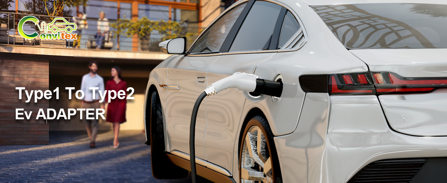 White electric vehicle charging at a station. Sleek sedan design with distinctive rear lights. 'Type1 To Type2 EV ADAPTER' text visible on image.