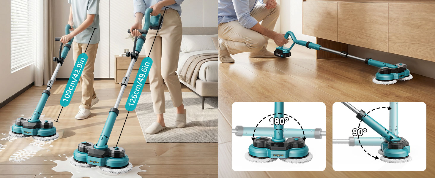 Multiple demonstration images showing floor cleaning device in action, with directional movement indicators and usage positions illustrated through diagrams.