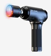 Black handheld massage device with cylindrical head featuring red accent ring. Compact therapeutic tool with ergonomic grip design.