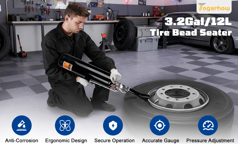 Text reads '3.5Db/1.2L Tire Head Sealer'. Sequence showing tire maintenance product being applied or installed with blue icons indicating different application steps.