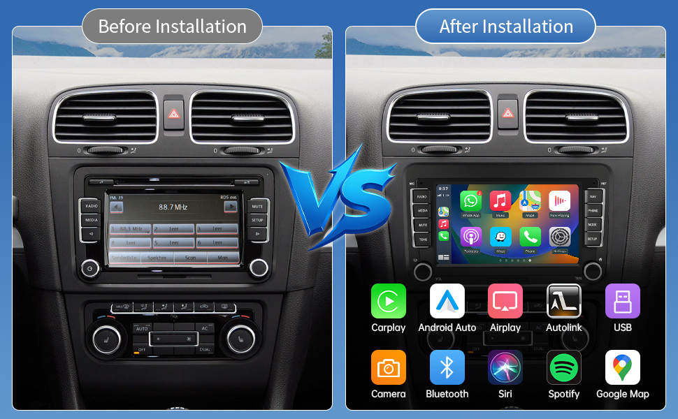 Text reads 'Before Installation' and 'After Installation'. Comparison of car dashboard displays showing upgrade from basic radio unit to modern touchscreen interface with apps like Carplay, Bluetooth, WiFi, Spotify.