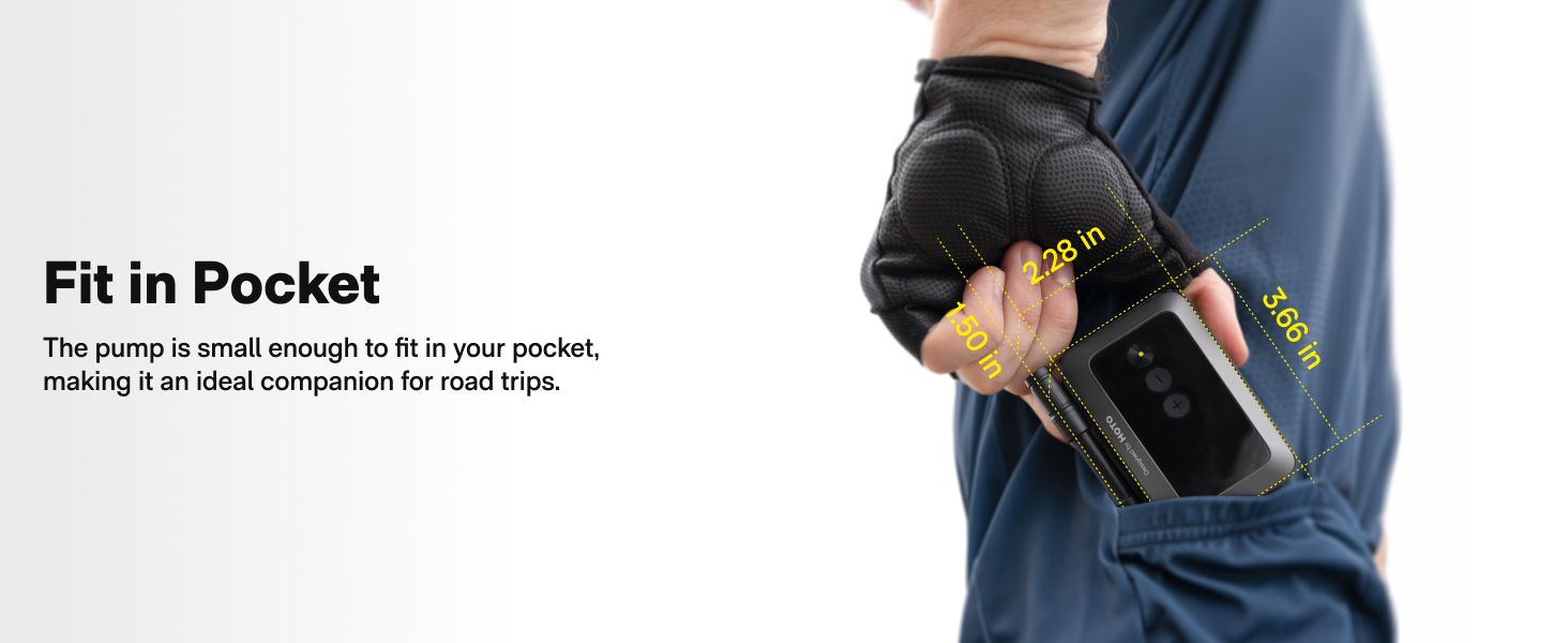 Compact device demonstration showing pocket-sized design, with person placing item into pocket of blue garment.