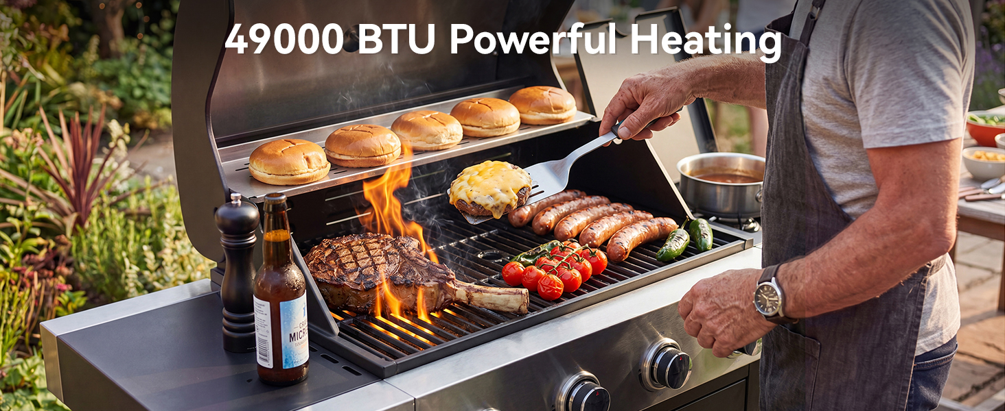 Overhead view of outdoor grill with multiple skewers of grilled meats and vegetables cooking, showing flame and temperature control interface below.
