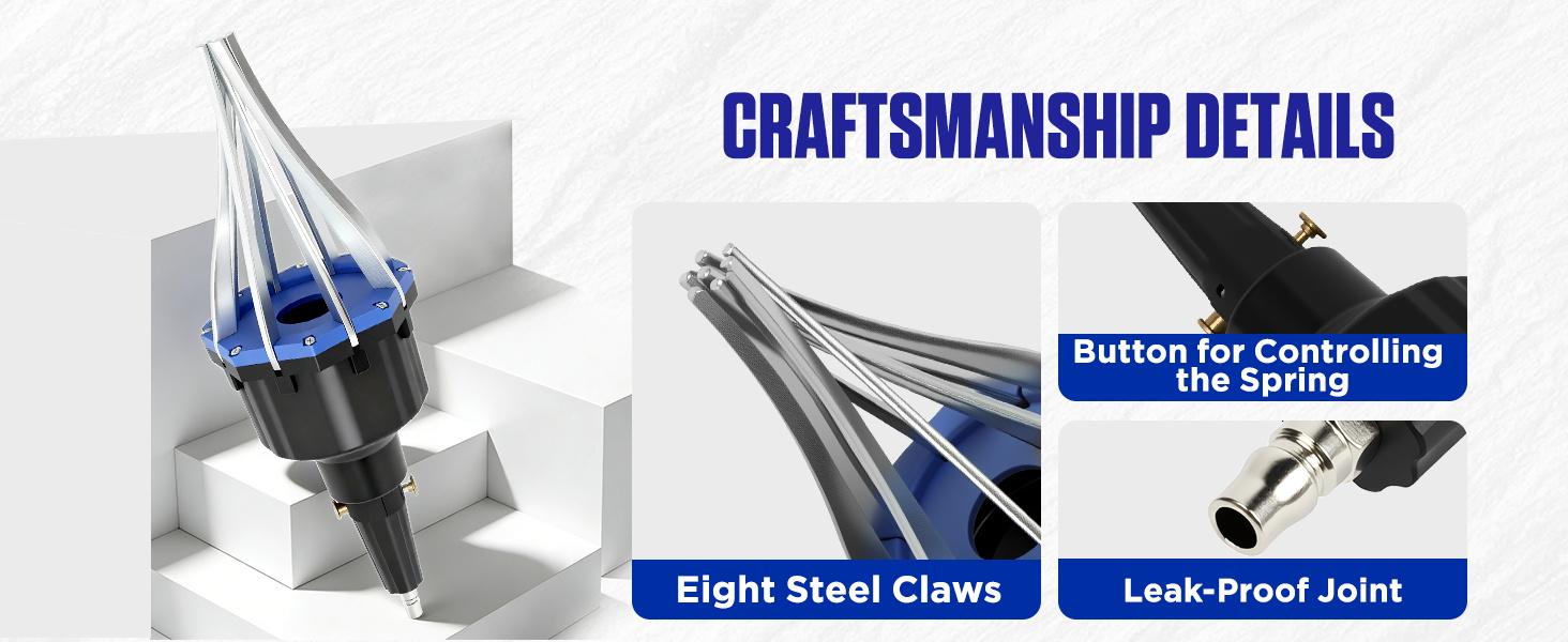 Text reads 'CRAFTSMANSHIP DETAILS', 'Button for Controlling', 'Eight Steel Claws'. Product details showing metal components and mechanical features.