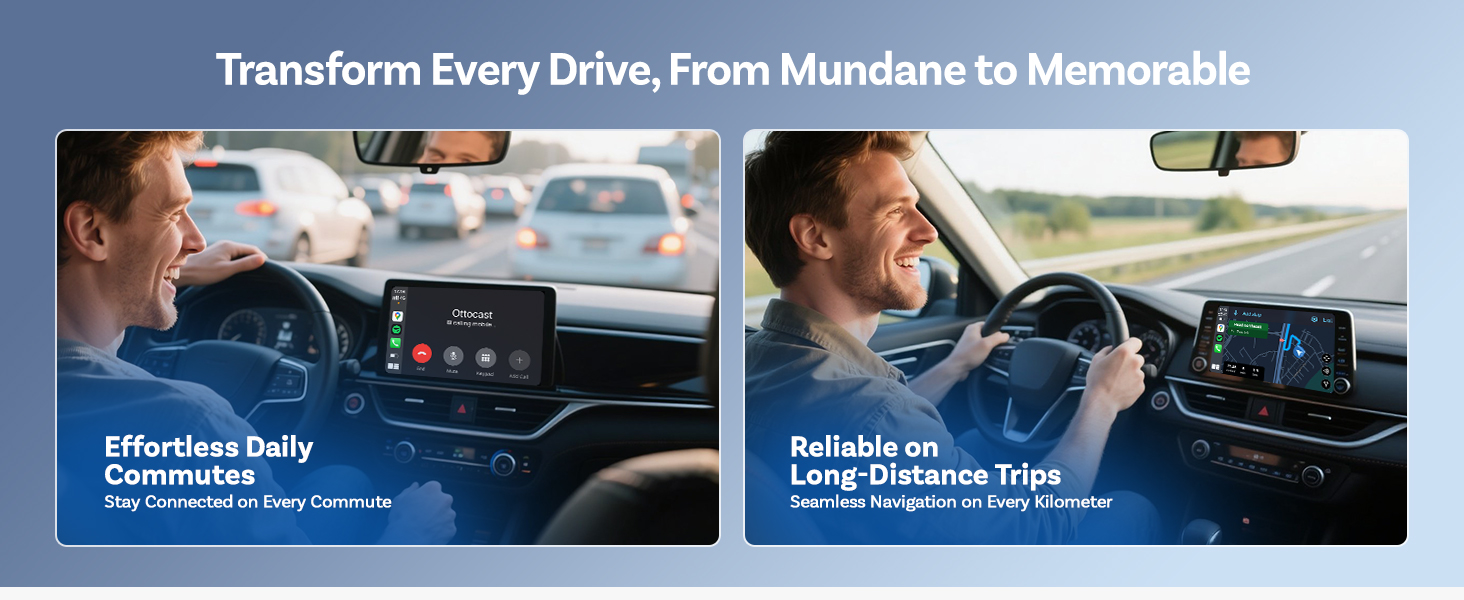 Text reads 'Transform Every Drive, From Mundane to Memorable'. Split image showing two drivers with dashboard displays, labeled 'Effortless Daily Performance'.