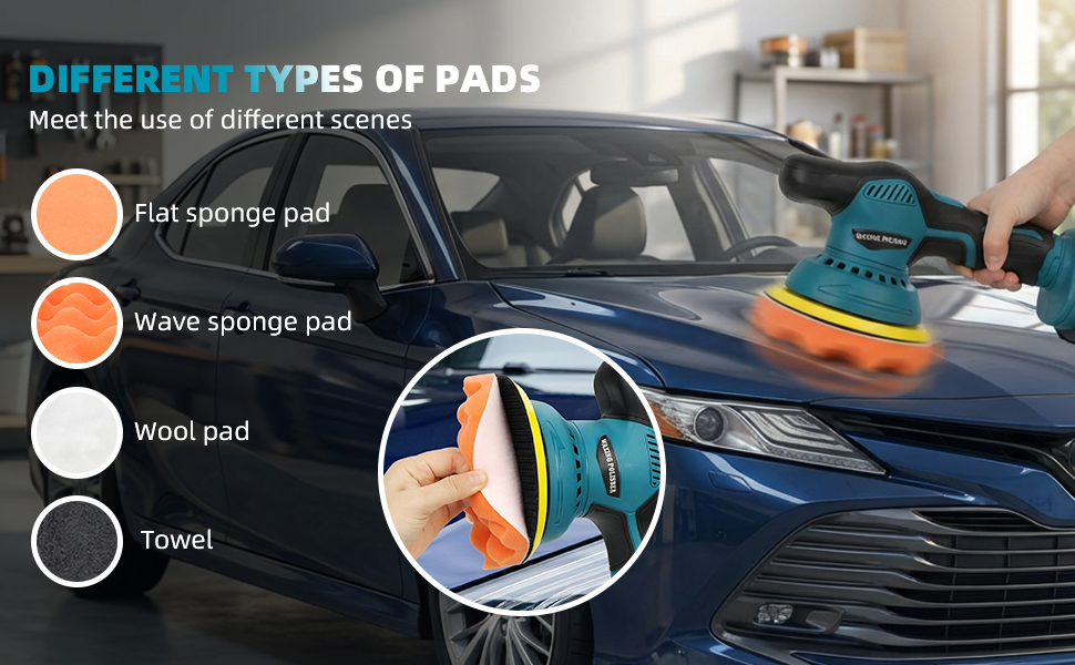 Text reads 'DIFFERENT TYPES OF PADS' and 'Meet the use of different scenes'. Demonstration of car polishing tools including flat sponge pad, wave sponge pad, wool pad, and towel.