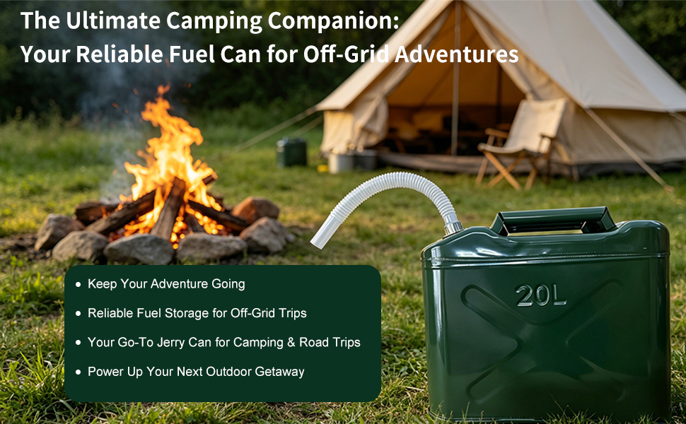 Text reads 'The Ultimate Camping Companion Your Reliable Fuel Can for Off-Grid Adventure'. Green fuel canister displayed with camping setup, campfire, and tent in outdoor setting. Features shown include fuel storage and portability for camping use.