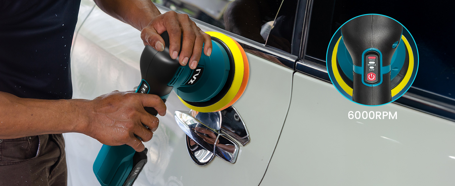Text visible: 'GOODFM'. Close-up of hands using a power polishing tool with yellow and blue circular pad on a light-colored car surface.