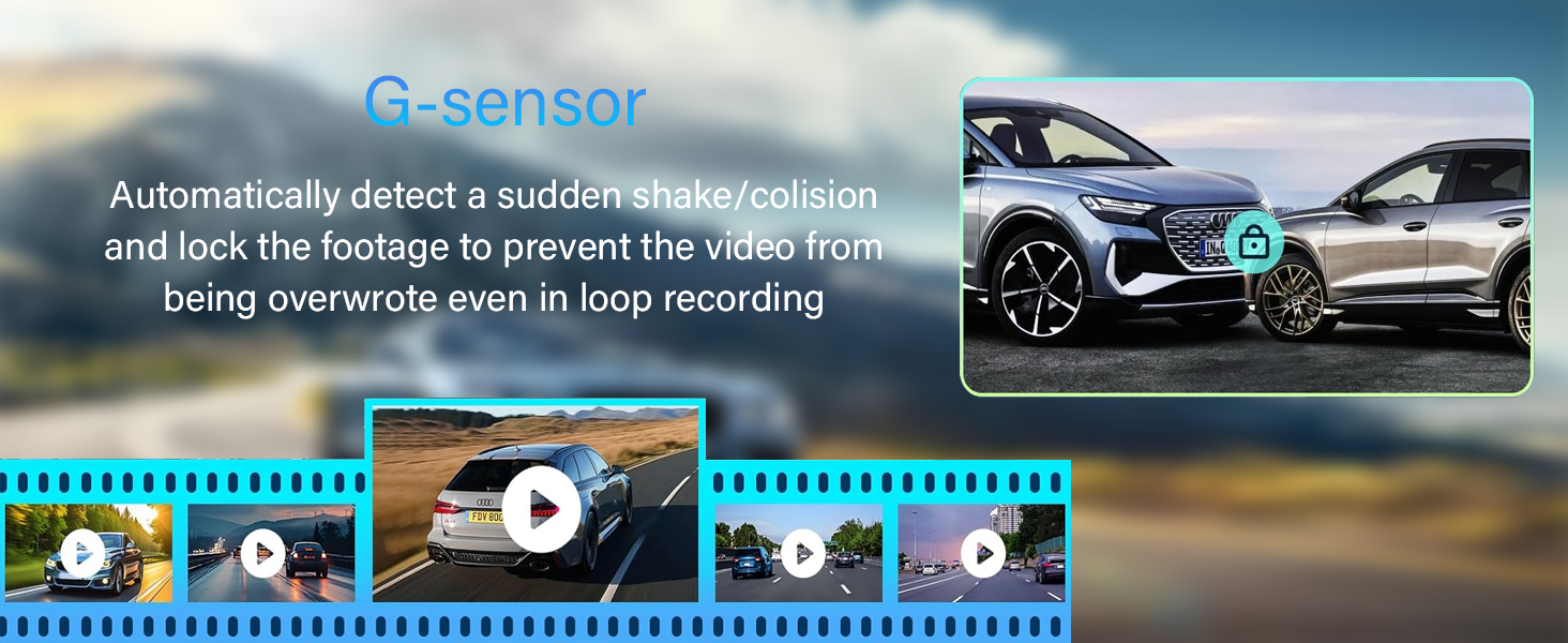 Dashboard camera feature illustration showing 'G-sensor' technology. Explains automatic detection of shakes/collisions to prevent video overwriting. Includes car image and video clip thumbnails.